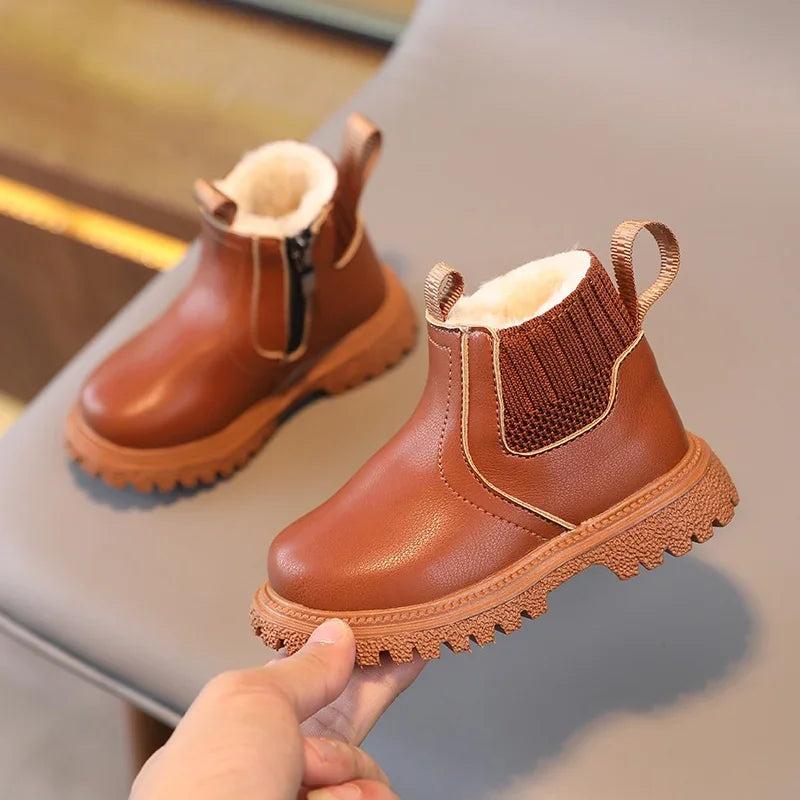 Kids Short Boots Fashion Boys Shoes Autumn Winter Leather Children Boots Non-Slip Toddler Girls Boot Toddler Snow Shoes