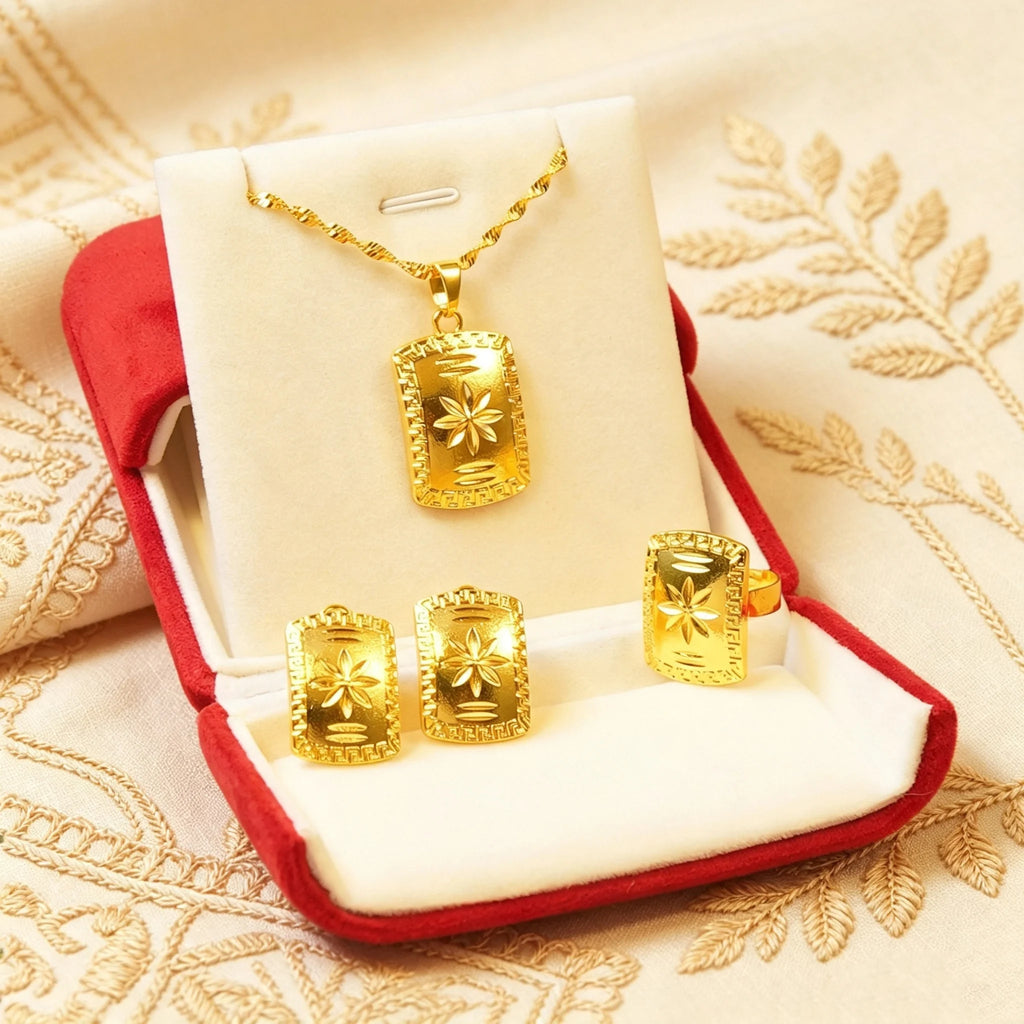 Women Vintage 4‑Piece Gold Tone Jewellery Set Square Flower Carved Necklace Earrings Ring Daily Banquet Ornament Gift