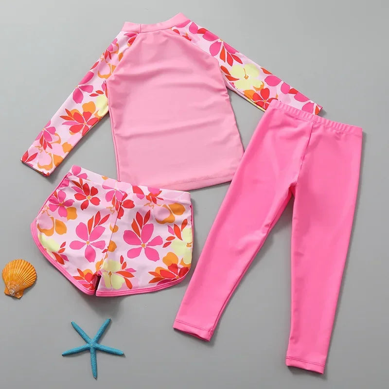 3-piece Kids Swimwear for Girls Boys Swimsuit Kids Swim Suit Sun Proof Long Sleeve Swimming Clothes Quick-dry Bikini Teen