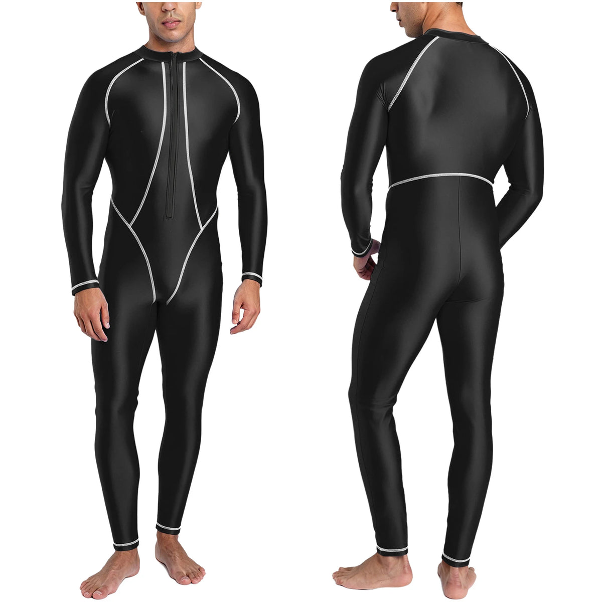 Men Swimwear Rash Guard Wetsuit Oil-shiny Zipper Jumpsuit Bathing Suit Beachwear for Beach Pool Diving Surfing Pool Water Sports