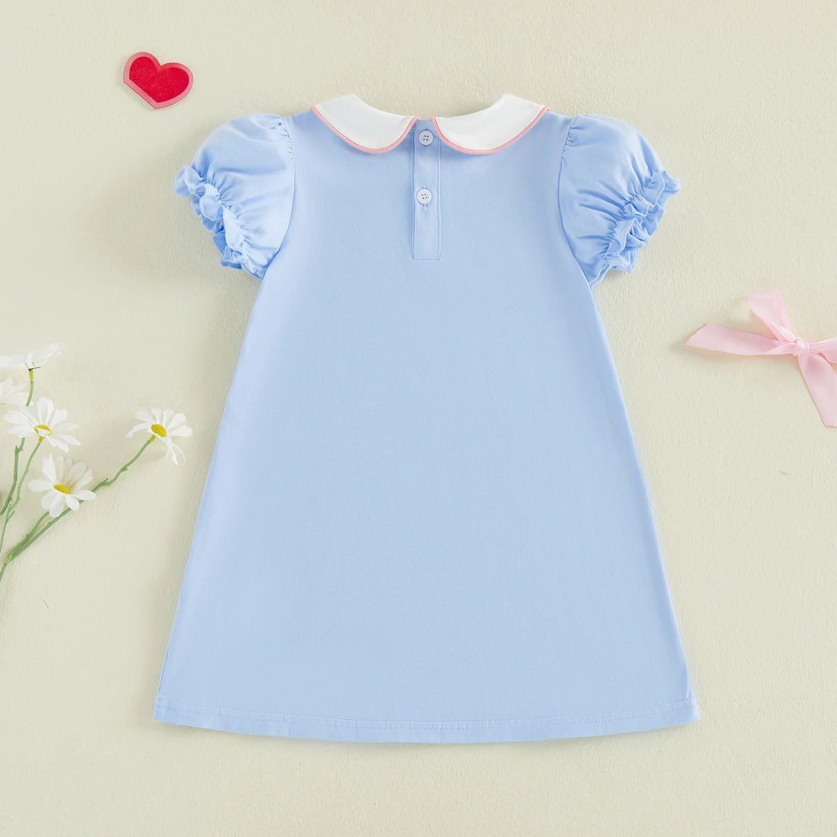 Cute Kids Gir Casual Dress Short Sleeve Doll Collar Embroidery Bowknot Summer Dress Costume Clothes