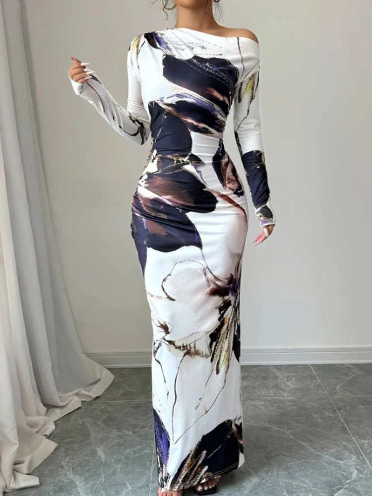 Fashionable Elegant Slim Fit Printed Long Dresses For Women Sexy Slanted Shoulder Long Sleeved Dress Spring Summer 2025 New