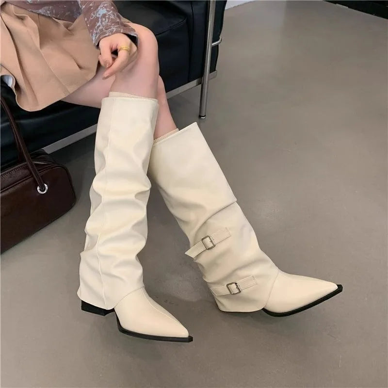 Designer Women's Boots Winter Cosy Pointed Toe Woman Shoes Fashion Sexy Knee-High Boots for Women Belt Buckle Thick Heel Boots