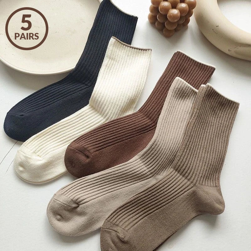 5Pairs Solid Color Women Mid Length Socks  Women's Casual Cotton Socks Autumn Simple Women's Medium Length Socks