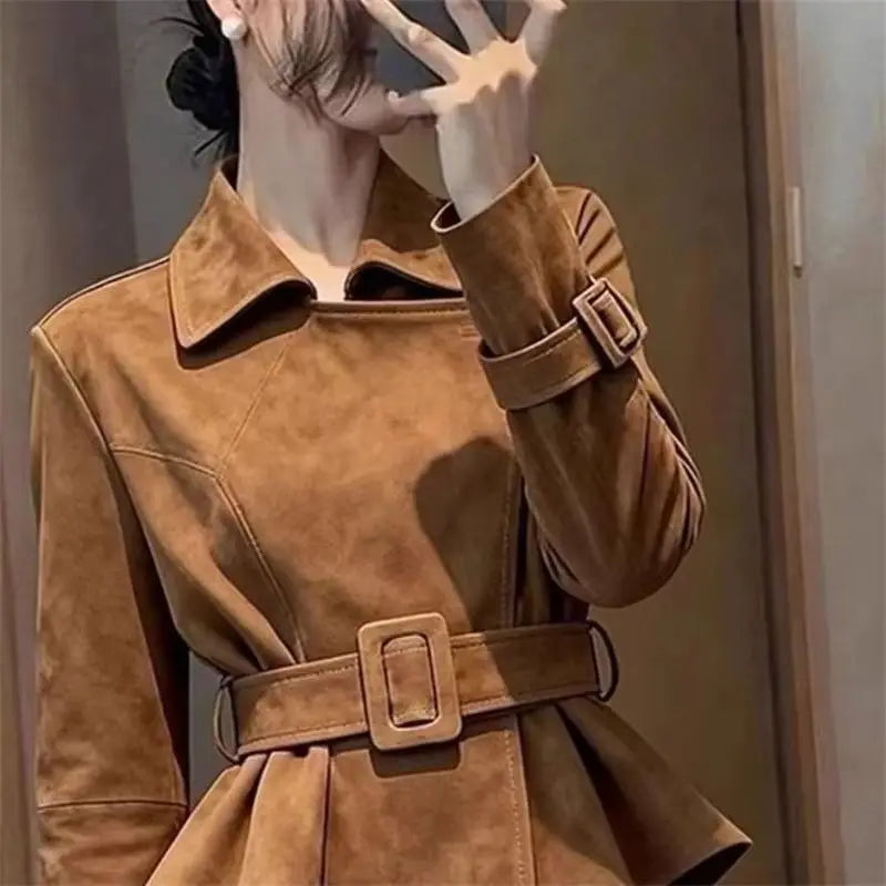 Women Leather Jacket 2026 Spring Short Unique Super Beautiful Retro High-End Feeling Brown Suede Coat Outerwear Match Belt