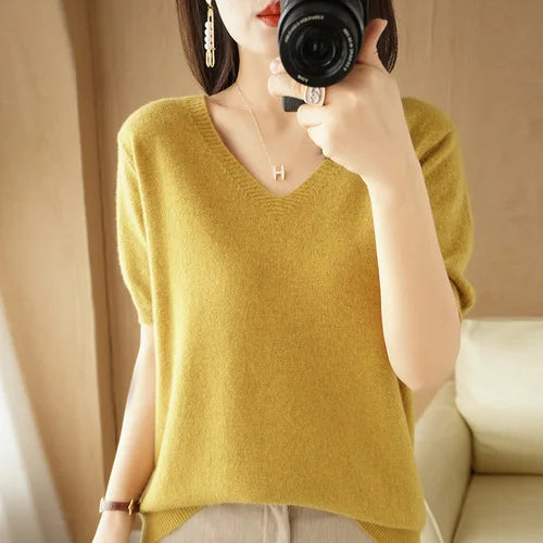 Women Sweater Casual Short Sleeve Pulls 2025 Spring Summer V-neck Knitwears Korean Fashion Shirts Tops Pullovers Soft Jumpers