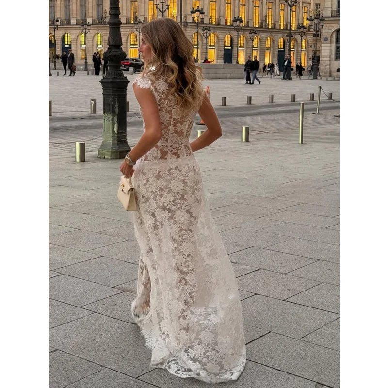 White Lace Embroidery Pant Suit Women Stand Neck Sleeveless Hollow-out Waist Cinching See Through Set Lady Summer Sheer Outfit