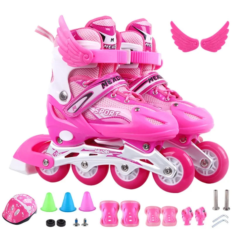 Children Boys Girls Practice Sport Adjustable Kids Roller Skates with Single Flash Light Wheels, Outdoor Inline Skates