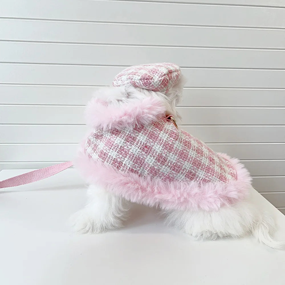 Ins Pet Plaid Woolen Dogs Coat Cloak Pet Supplies  Princess Dog Clothes  Dog Harnesses With Rope For Small Dog