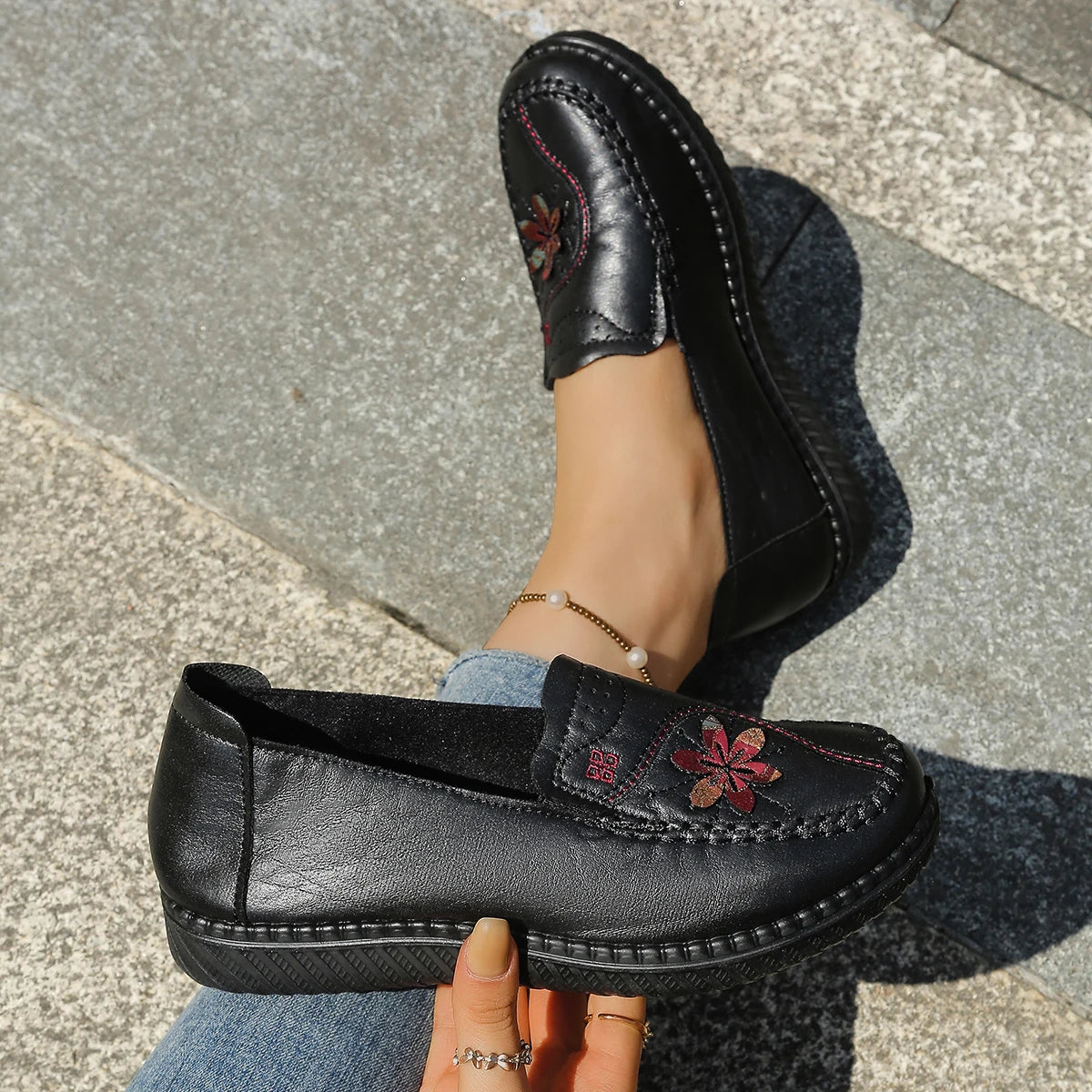 Women's Floral Slip-On Loafer Flats, Faux Leather Upper with Hand Stitching Details, Low Wedge Walking Shoes for Mature Ladies