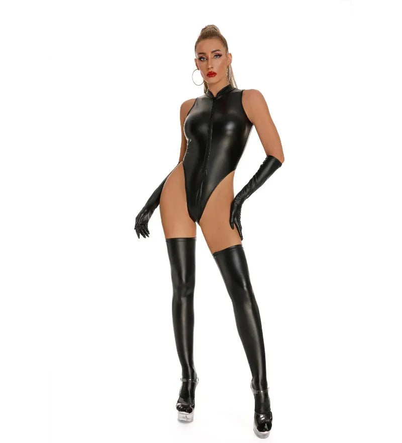 Sexy Women Leather Catsuits With Long Stocking Gloves High Cut Wetlook Latex Bodysuit Lingerie Set Stage Wear Clubwear Overalls