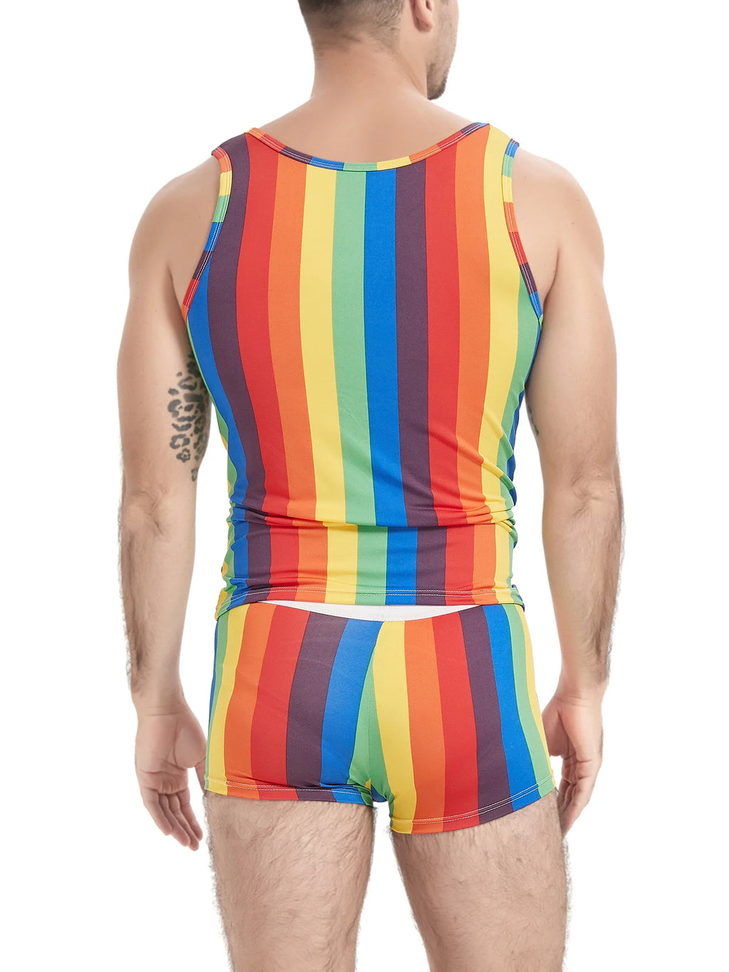 2-Piece Men's Rainbow Striped Pajamas Suit Sleeveless Sports And Fitness Vest In Summer And Tight Sexy Shorts Suit At Home.
