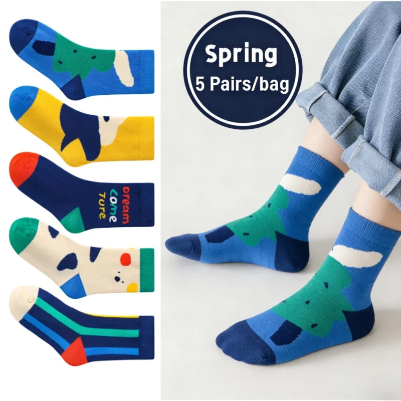 5 Pairs Children's Socks Spring Autumn Socks Kids Boys Cotton Socks Baby Cartoon Pattern Medium Sock