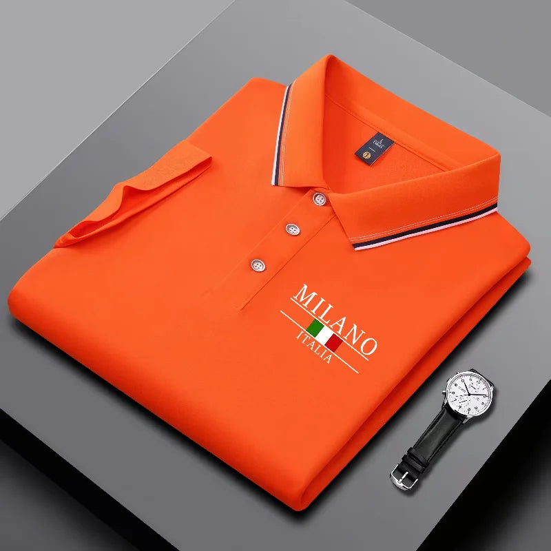 Summer men's trendy polo shirt with Italian Milan print, striped collar, summer breathable casual business top