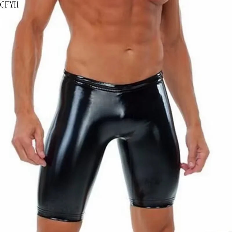 Men Fitness Sports Shorts Men Leather Black Running Training Pants Faux Leather Shorts Wet Look Slim Shorts Clubwear