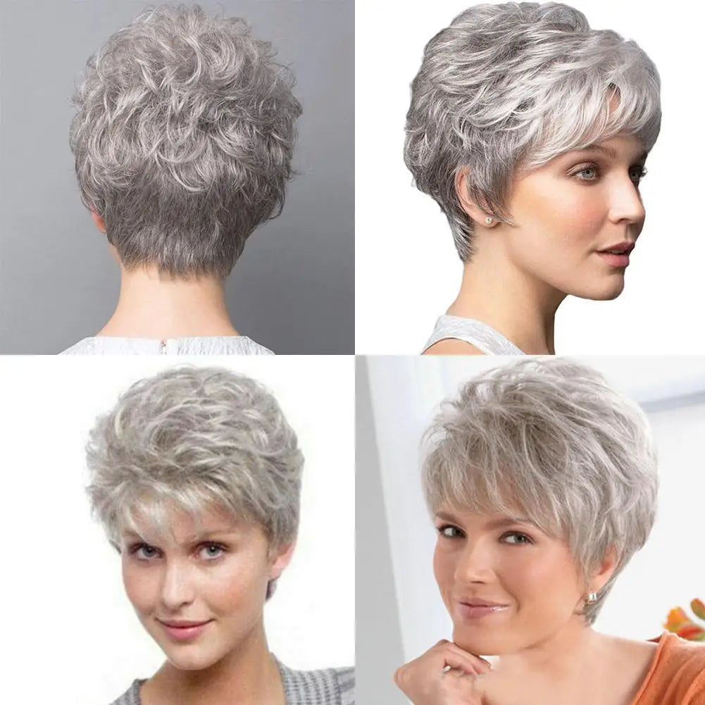 Women Short Natural Wigs with Bangs Soft Mommy Hair Daily Use Short Grey Ombre Curly Synthetic Hair Costume Party Wig