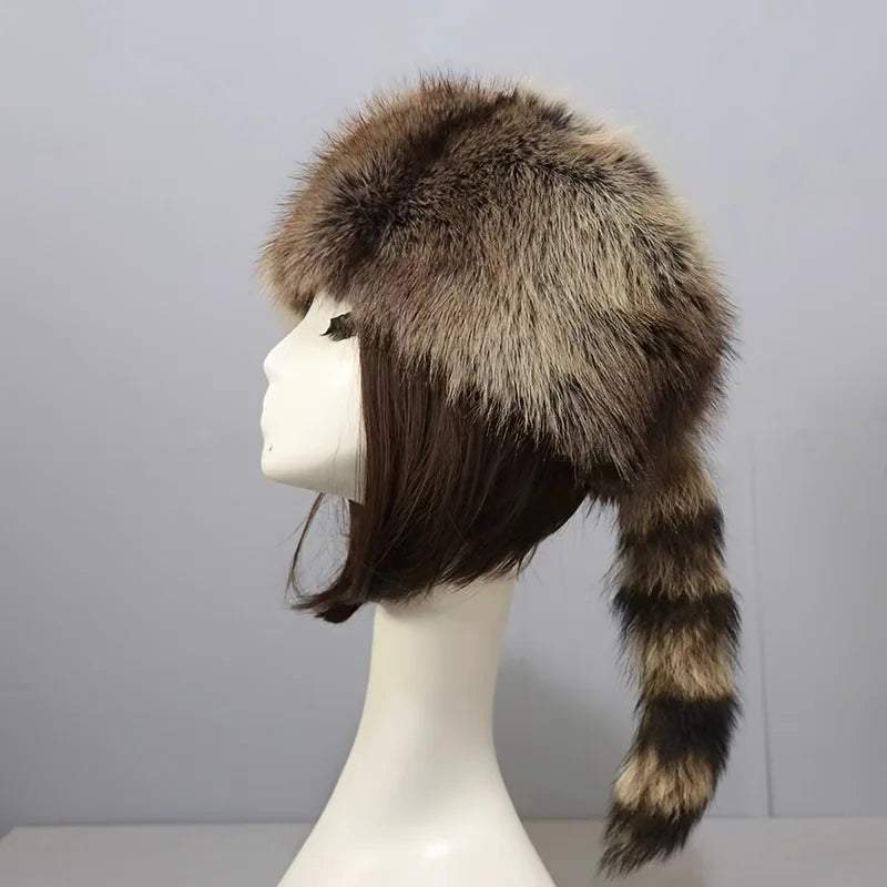A Winter Hat for Women Made of Comfortable Faux Fur with Raccoon Tail - Thick and Warm Polyester Fiber, Perfect for Daily Wear and Outdoor Activities. Autumn and Winter Warm Hat
