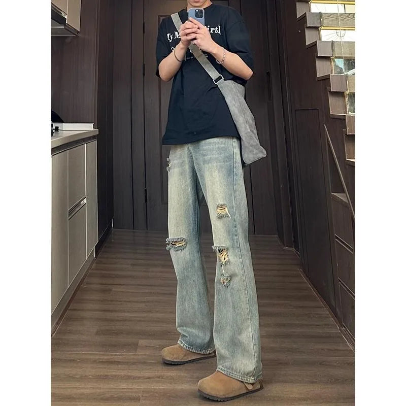 Man Pants Mens Jeans Baggy Jeans Distressed Loose Straight Leg Summer Retro High Street Casual Trousers For Men