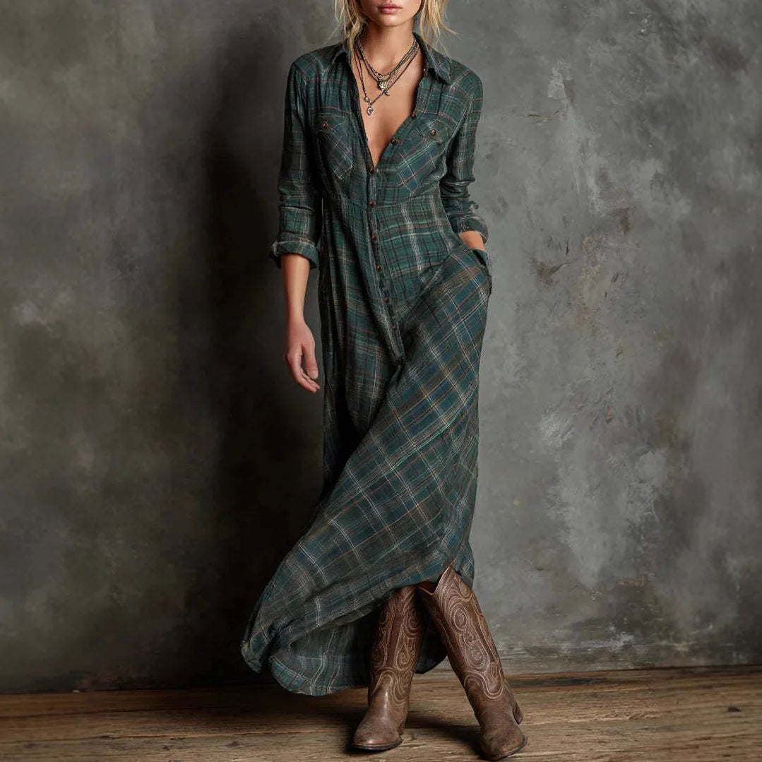 Elegant Long Sleeve Maxi Dresses For Women 2025 Autumn Turn-down Collar Button Loose Party Dress Casual