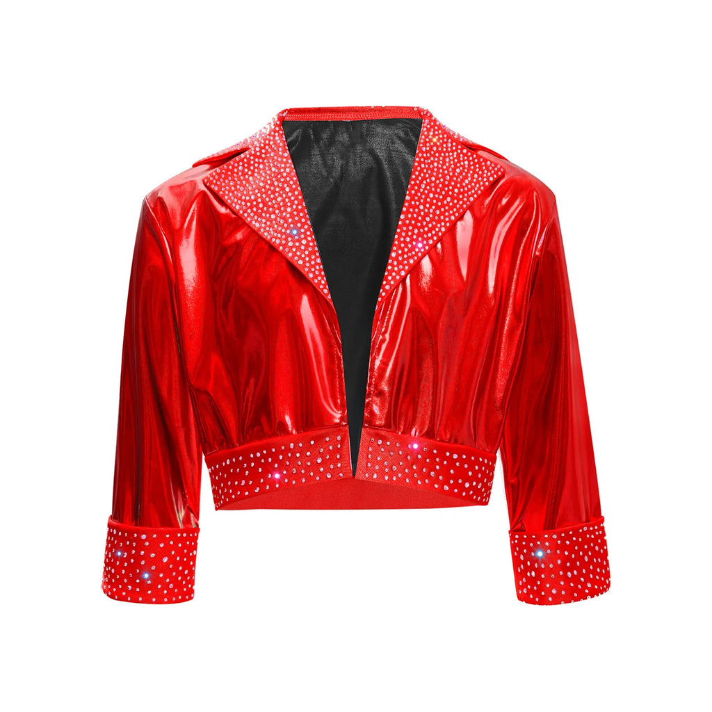 Kids Girls Shiny Rhinestones Metallic Jacket Hip Hop Jazz Dance Top Outerwear Long Sleeve Disco Stage Performance Streetwear