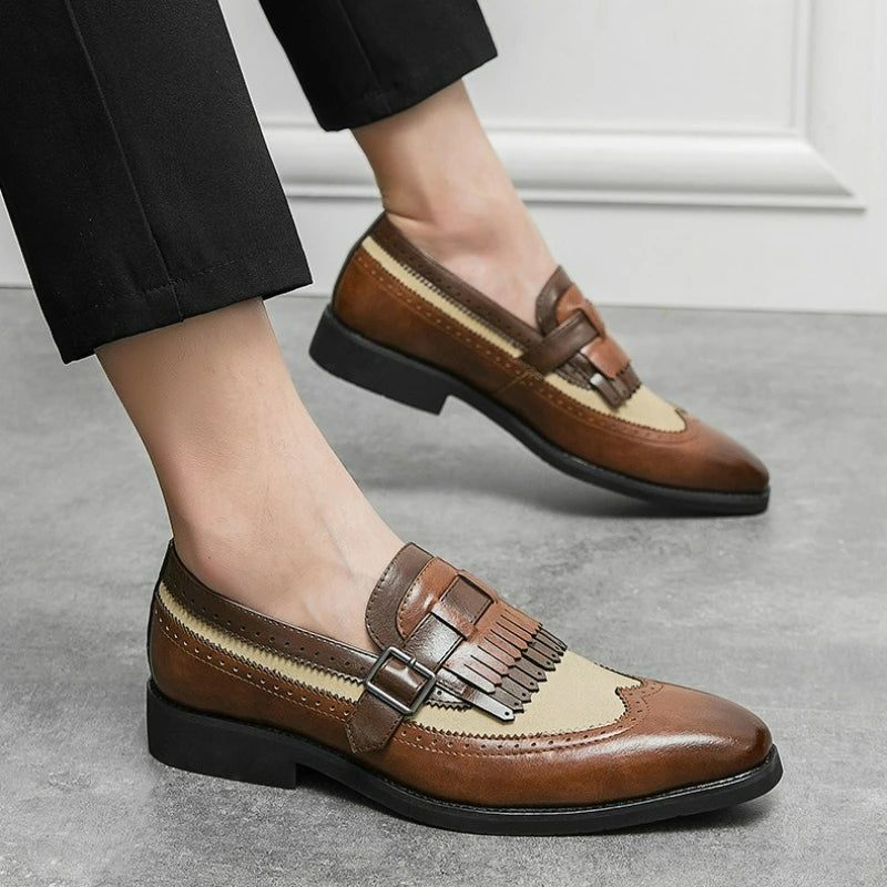 Men Loafers Business Dress Shoes British Style Leather Brogue Shoes Slip on Office Leather Shoes Handmade Pointed Toe Men Flats