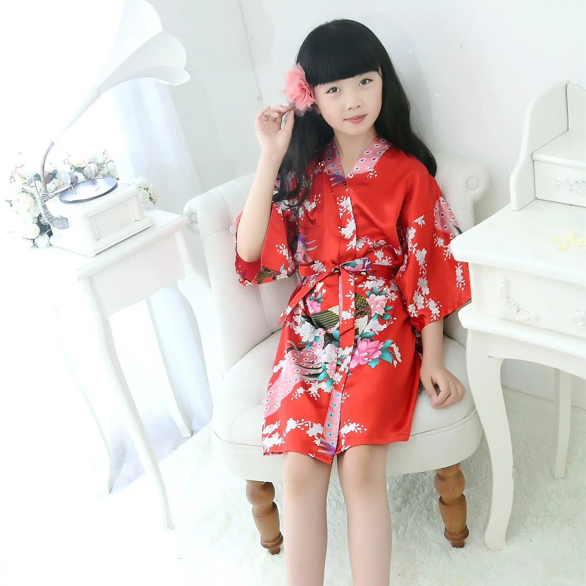Kids Satin Floral Kimono Robe Flower Girl Peacock Bath Robes for Wedding Spa Party Gifts Bridal Lingerie Sleepwear Bathrobe