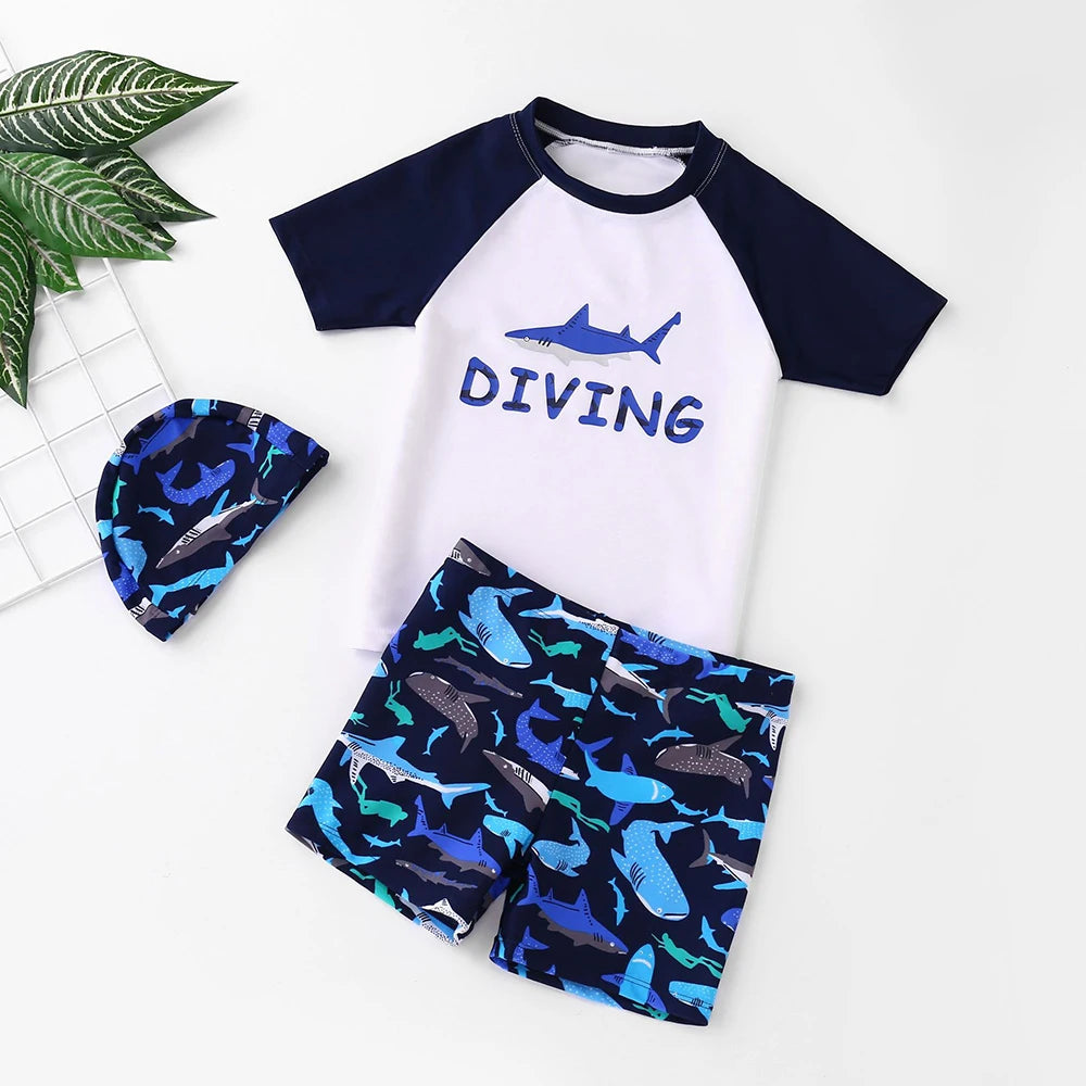 Kids Shark Print Swimwear Set 3Pcs Boys Short Sleeve Rash Guard Swimsuit + Trunks + Hat Children Beachwear Boys Bathing Suit