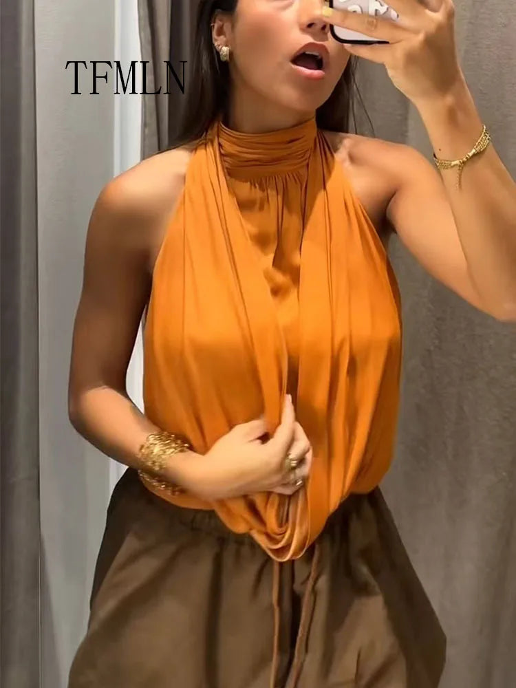 Fashion 2026 Summer Women Halter Pleated Tops Elegant Sleeveless Backless Causal Shirts Chic Folds Street Short Pullover Tops