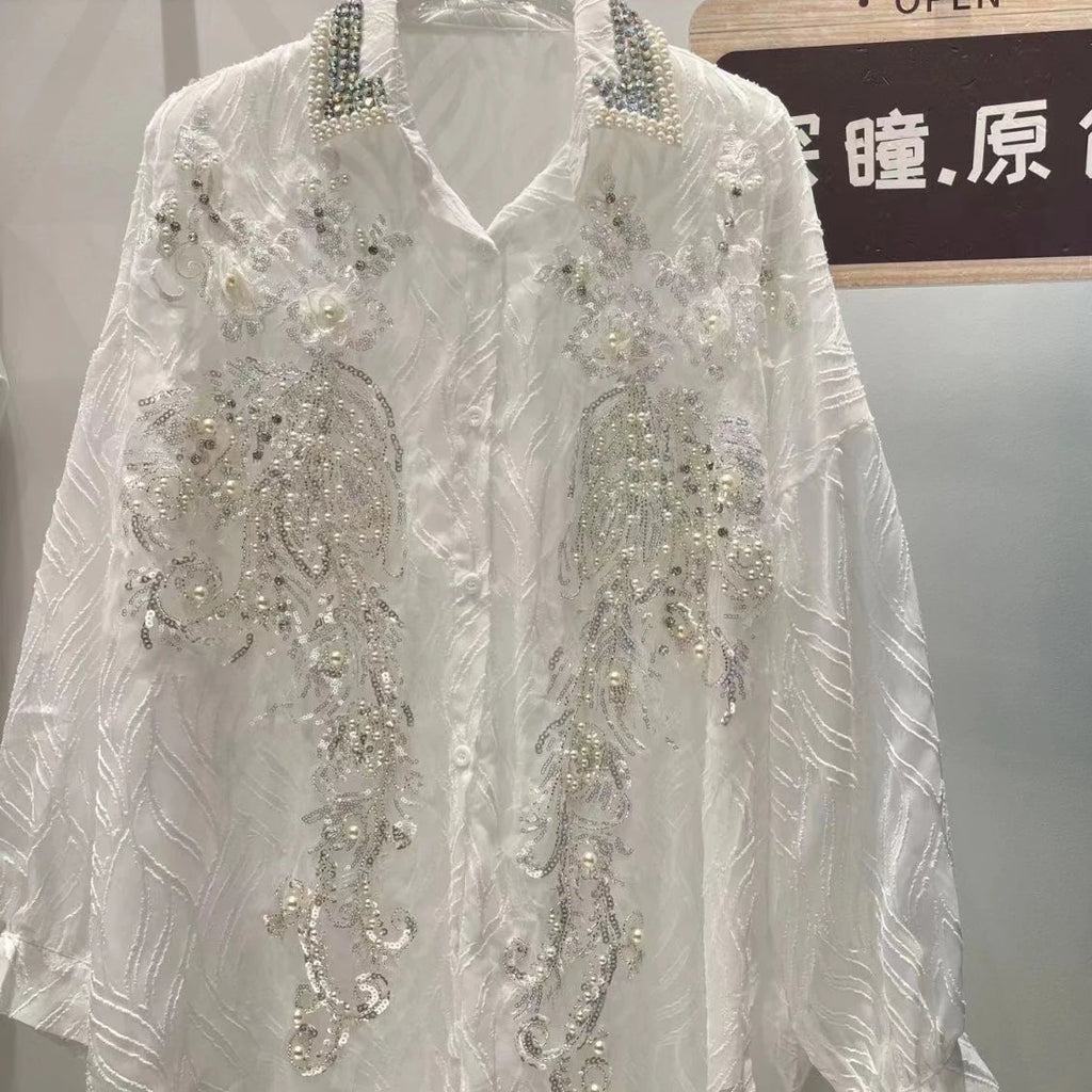 Luxury Diamonds Sequined Embroidery Blouses Shirts Women 2026 Spring New Long Sleeve Shirts Fashion Causal Tops Camisas De Mujer