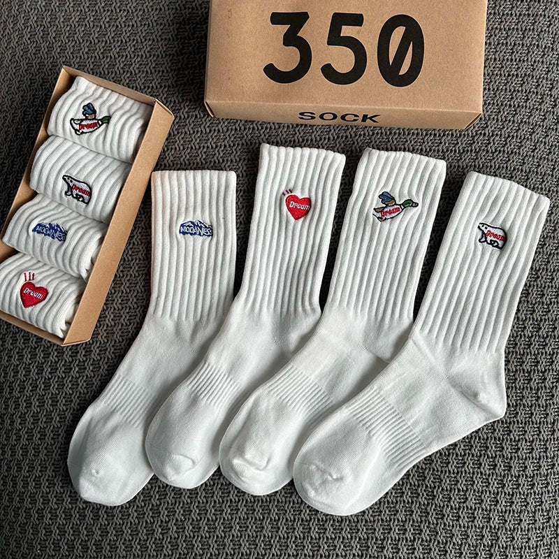 4 Pairs/Box Women's Socks Gift Box Spring Summer Fashion Embroidery Free Shipping Items Funny Gifts Black Middle Tube Socks