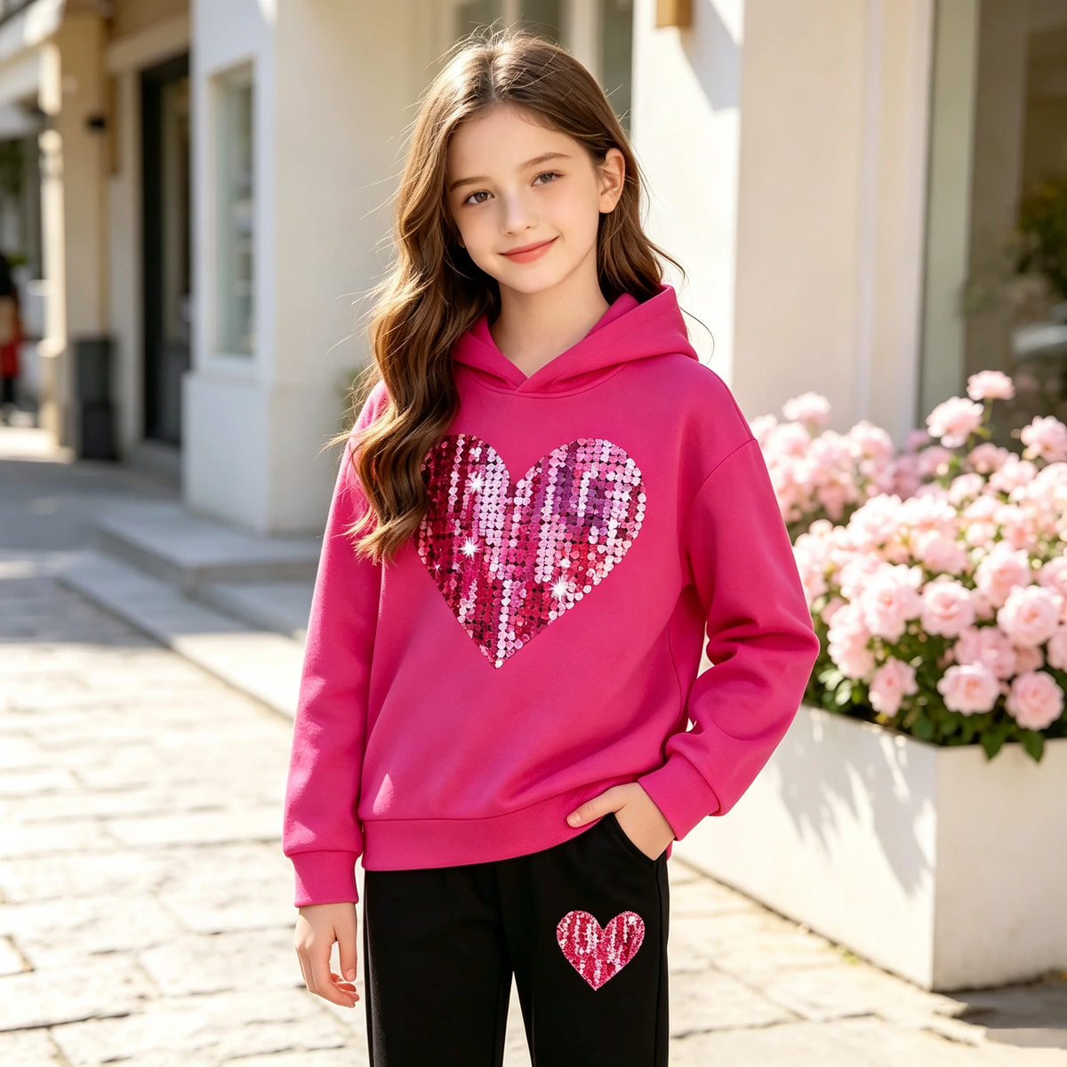 Kids' Autumn Winter Hooded Love Print Sweatshirt And Pants Set Long Sleeve Elastic Waist Comfortable Cotton Outfit for Children