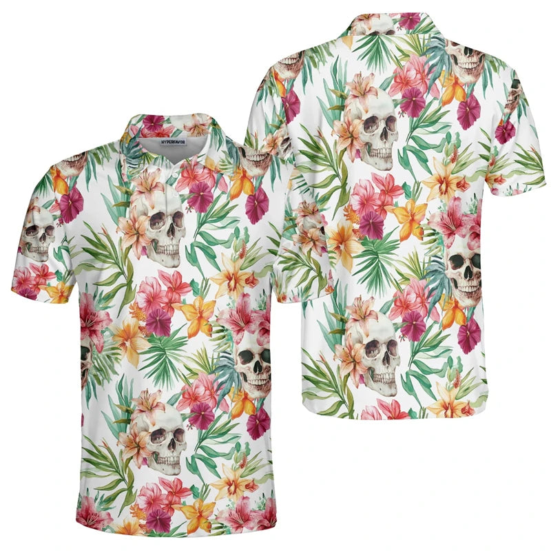 3D Print Skull Fashion Men's Polo Shirt Fashion Trendy Skull Flower Streetwear Unisex Short Sleeve Golf Sport Shirt Button Tops