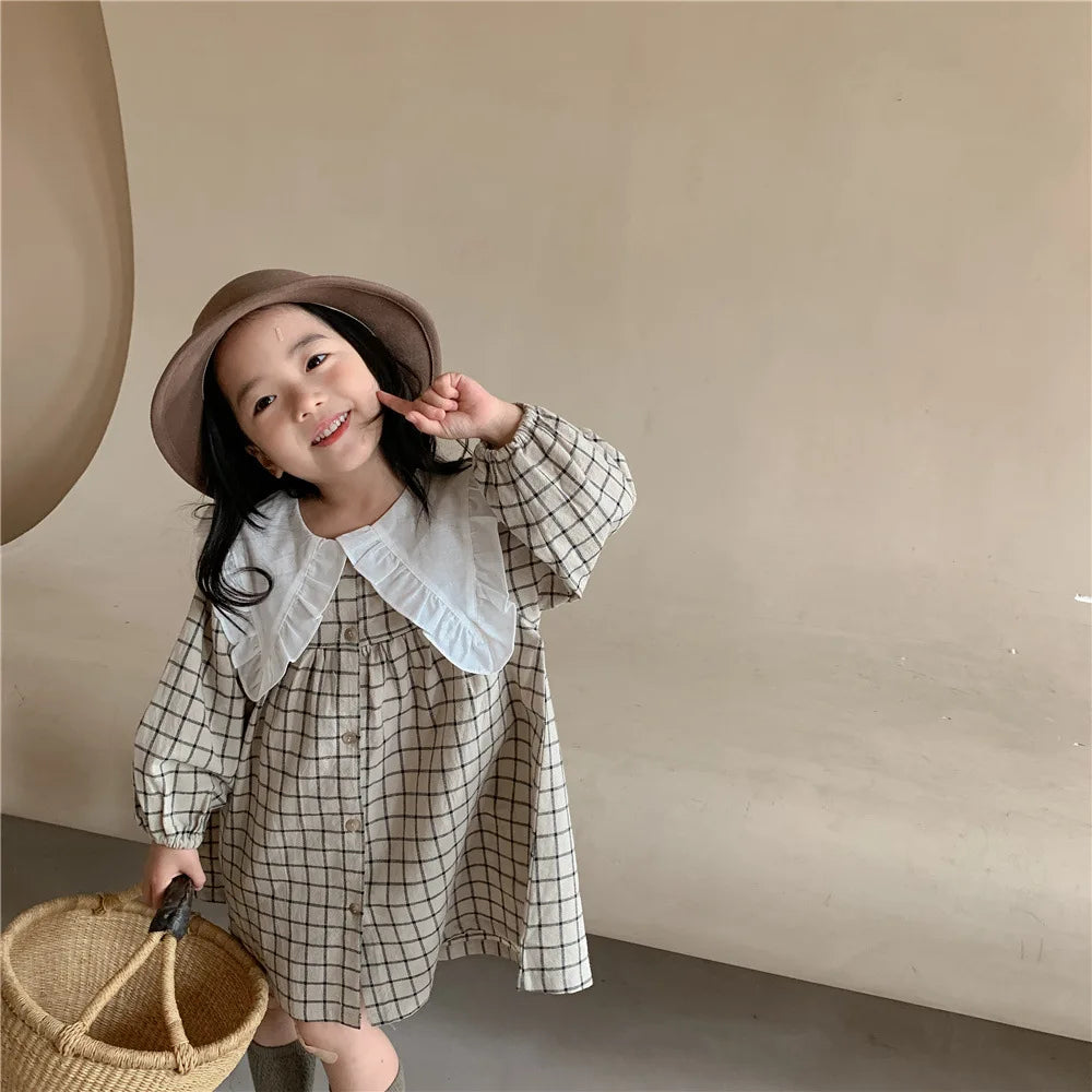 Spring toddler children  Girls' Clothing Korean Retro Dress costume For kids Girls' Clothes 1 2 3 4 5 6 T Birthday Plaid Dress