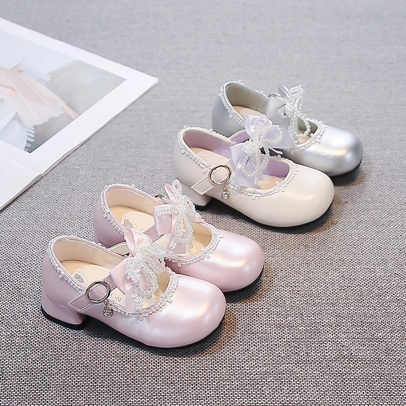 Girls Leather Shoes High Heels Kids Princess Shoes for Party Wedding 2026 Brand New Children Dance Shoes Sweet Beading Bows
