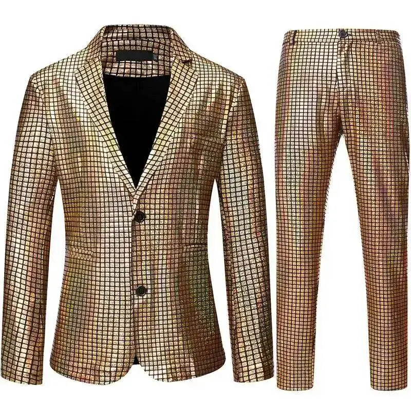 Shiny Mens Stage Prom Suits Rainbow Plaid Sequin Jacket Pants Men Dance Festival Christmas Halloween Party Costume Homme