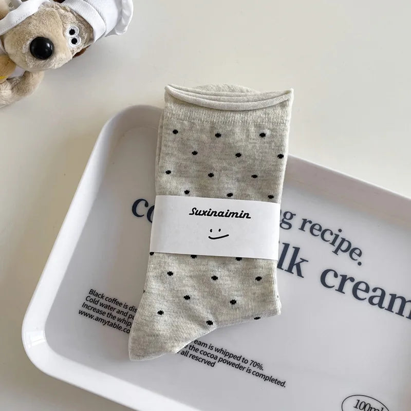 Women's spring summer thin vintage cream curled-edge women's socks polka dot mid-tube socks artistic socks women