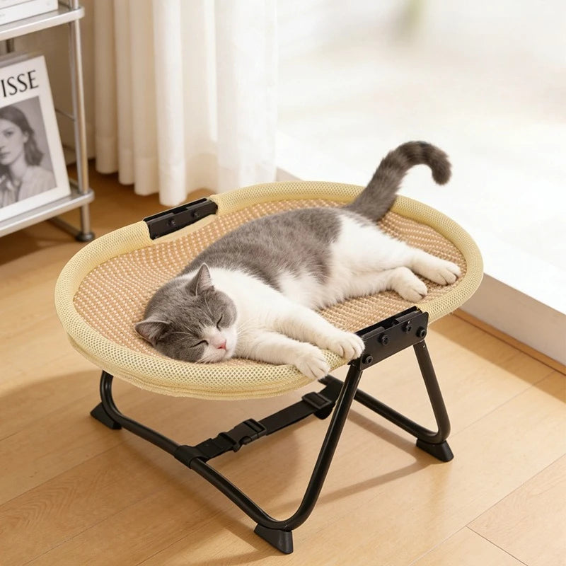 Foldable Elevated Pet Bed Breathable Linen Mesh Raised Cat Dog Sleeping Indoor Small Puppy Kitten Rest Sofa with Storage Bag
