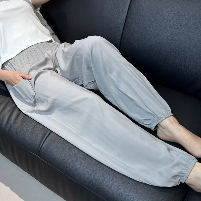 Cool Summer New Silk Cotton Spwear Loose Women's Wide Leg Pants Home Wear Floral Print Heat Resistant Comfortable Casual T...