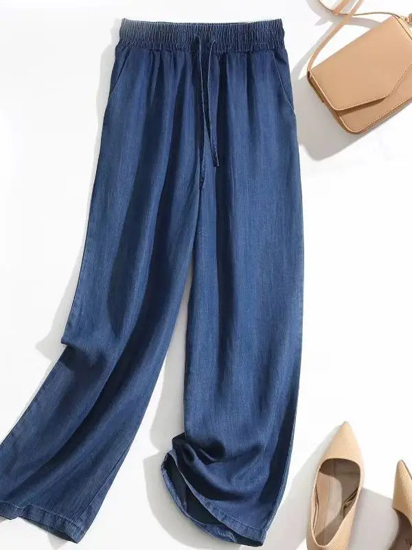 Summer High Waist  Ice Silk Elastic Straight Leg Jeans Loose Wide Leg Nine Pants Women's plus Size Loose Fit Trousers