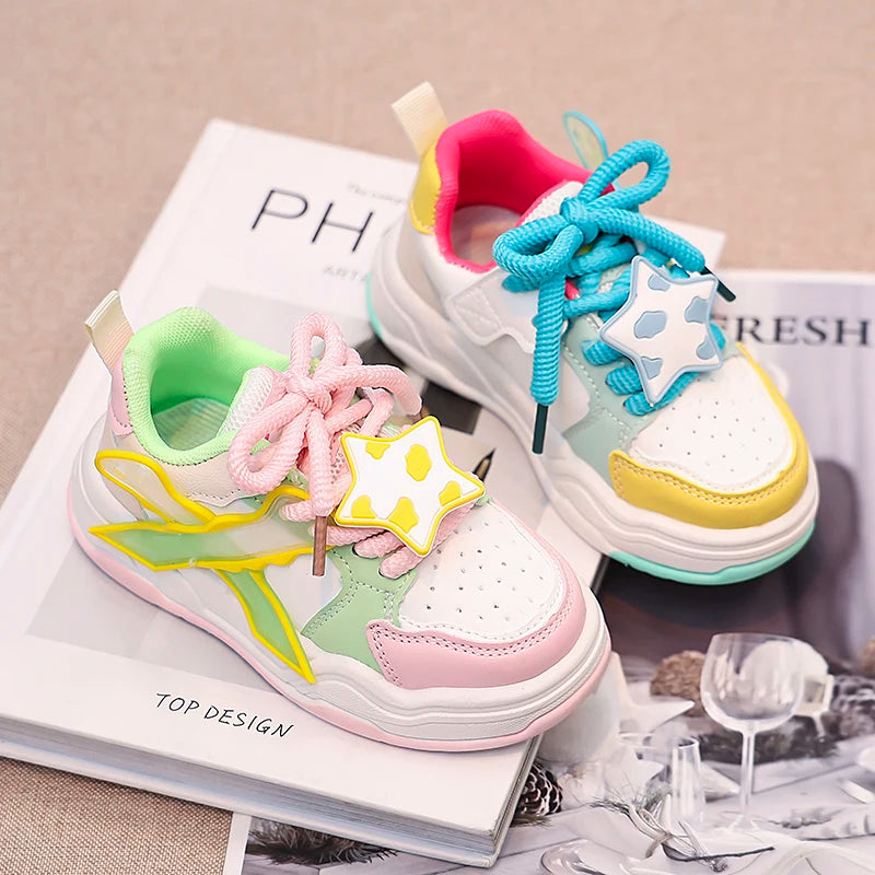 Kids Sneakers Versatile for Girls Tennis Shoes Fashion Causal 2024 New School Children Running Shoes with Cute Stars Non-slip