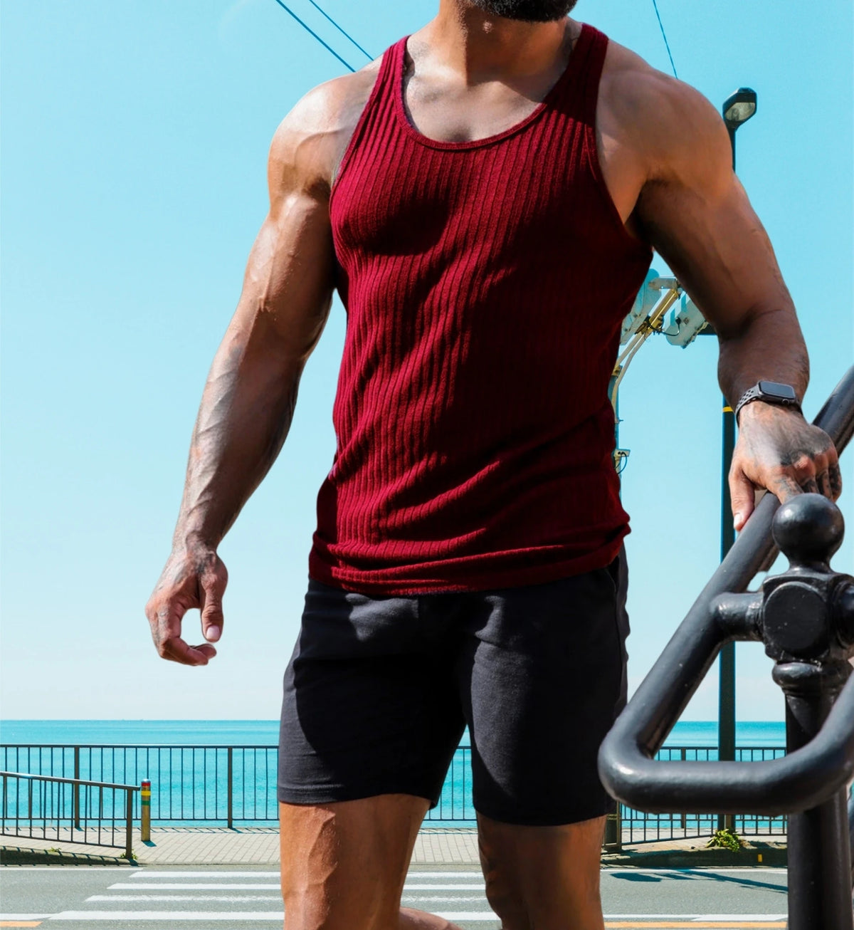 New Fitness Sports Tank Top Men's Sleeveless Summer Knitted Vertical Striped Casual Slimming Men's Sports Tank Top