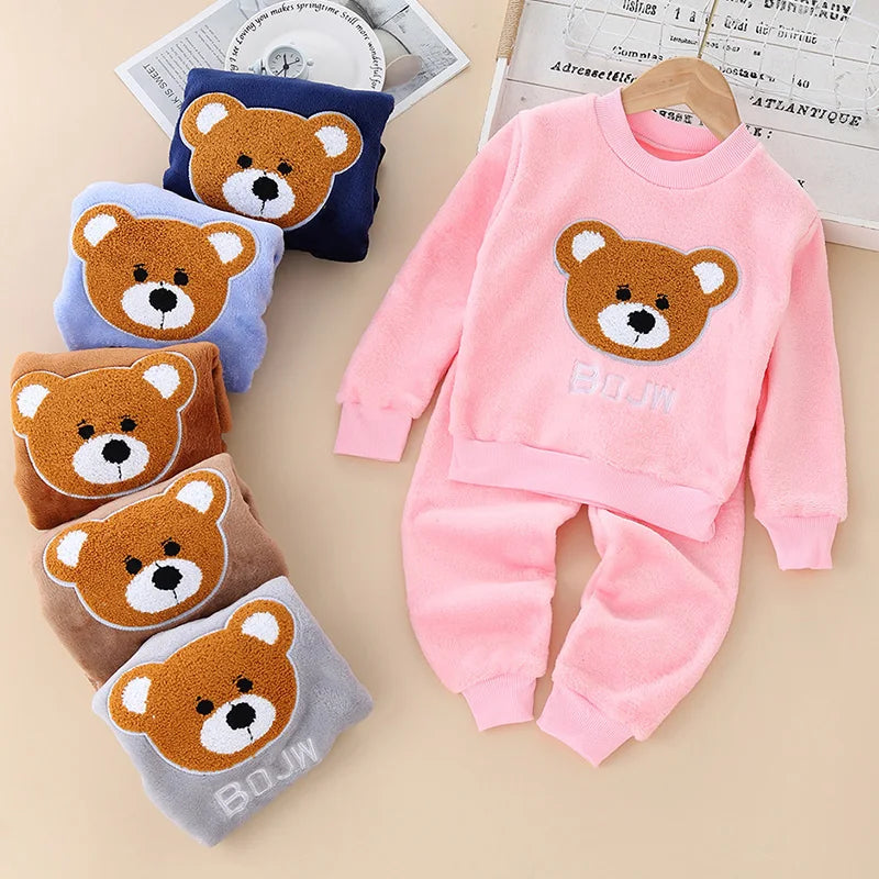 2026 Kids Flannel Pajamas 2Pcs/Sets Thickened Warm Print Baby Homewear Soft Coral Fleece Boys Girls Sleepwear Winter Loungewear