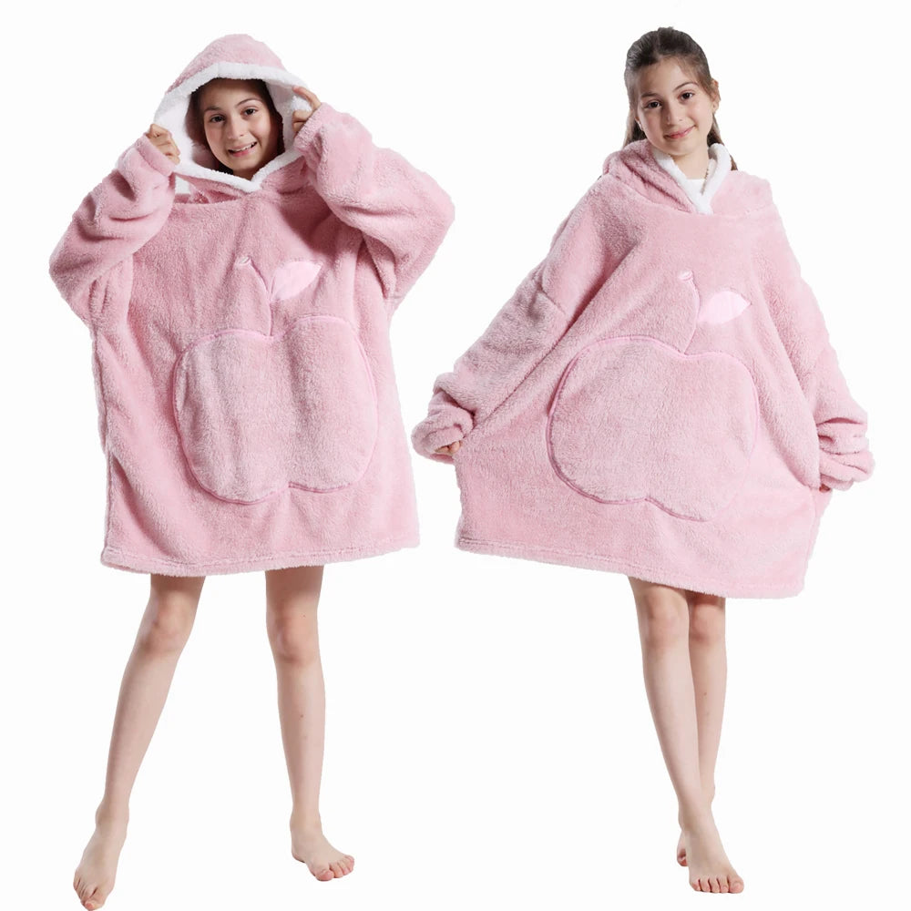 Winter Hoodies for Girls Boys Hooded Flannel Warm Sweatshirts Children's Wearable Blanket with Sleeves Kids 100-160cm Clothing