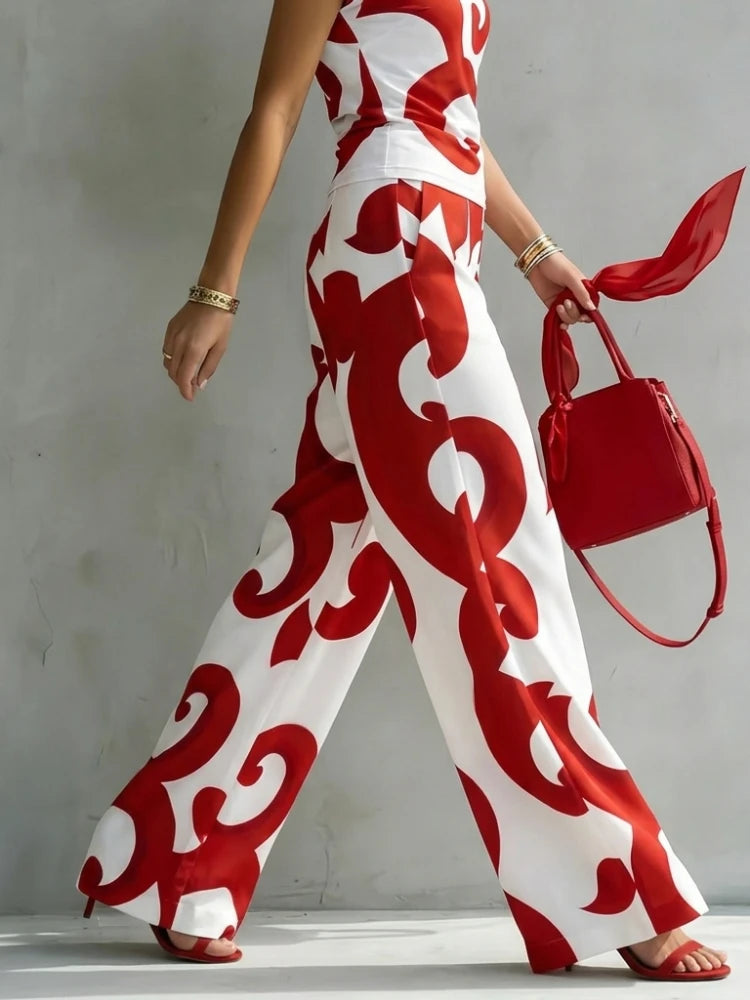 Bonboho Women's Boho Red White Abstract Swirl Print Pants High Waisted Pleated Wide Leg Trousers 2026 Vacation Outfit for Summer