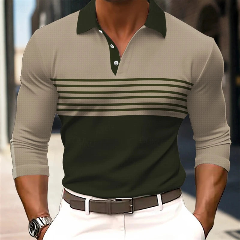 Simple Fashion Striped Polo Shirts For Men Trendy Autumn Long Sleeve Lapel Button Golf Polo Shirt Casual Oversized Tees Tops
