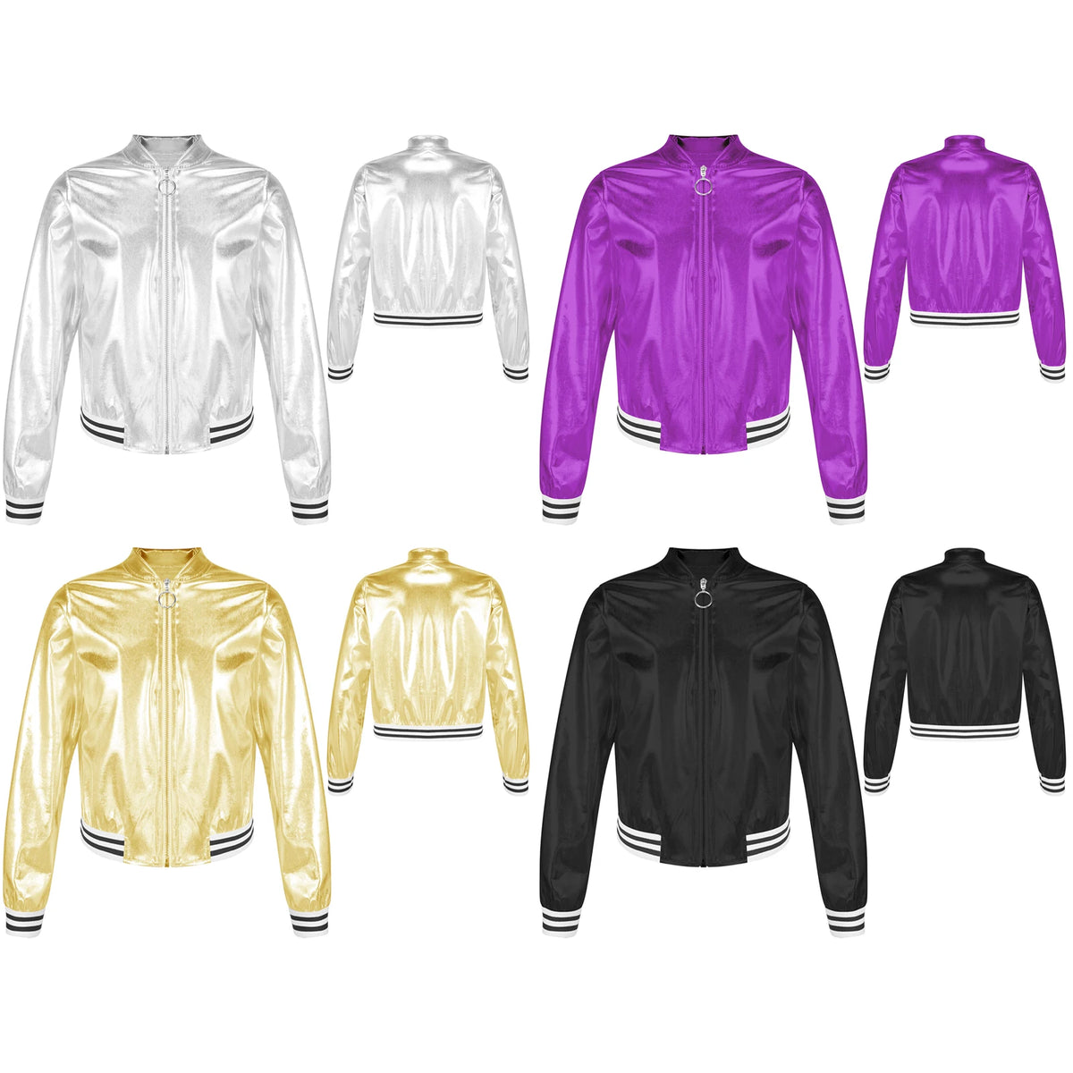 Kids Girls Boys Shiny Metallic Baseball Jacket Long Sleeve Casual Sports Bomber Jackets Jazz Hip-hop Street Dance Coats Outwear