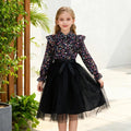 Kids Girl Black Dress Summer Long Sleeve Floral Gauze Belt Children Dress Casual Elegant Teen Princess Dress 7 8 9 10 11 12 Yrs