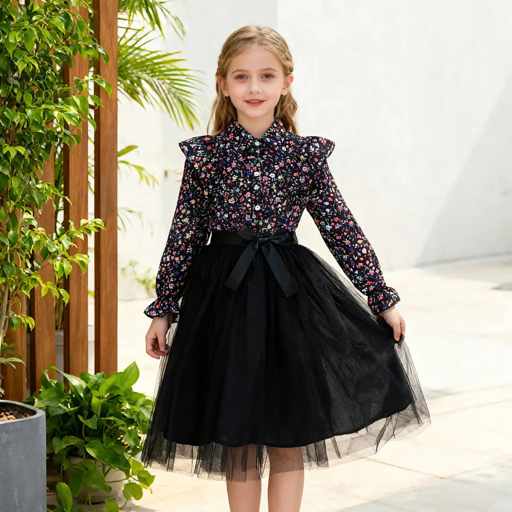 Kids Girl Black Dress Summer Long Sleeve Floral Gauze Belt Children Dress Casual Elegant Teen Princess Dress 7 8 9 10 11 12 Yrs