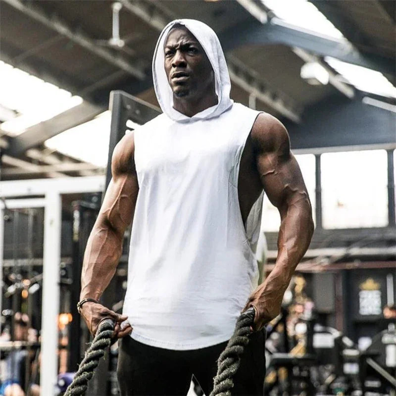 Plain Men's Gym Tank TopSinglets Bodybuilding Stringer Muscle Vest Hoodies Fitness Sleeveless Hooded T Shirt Cut Off Sports