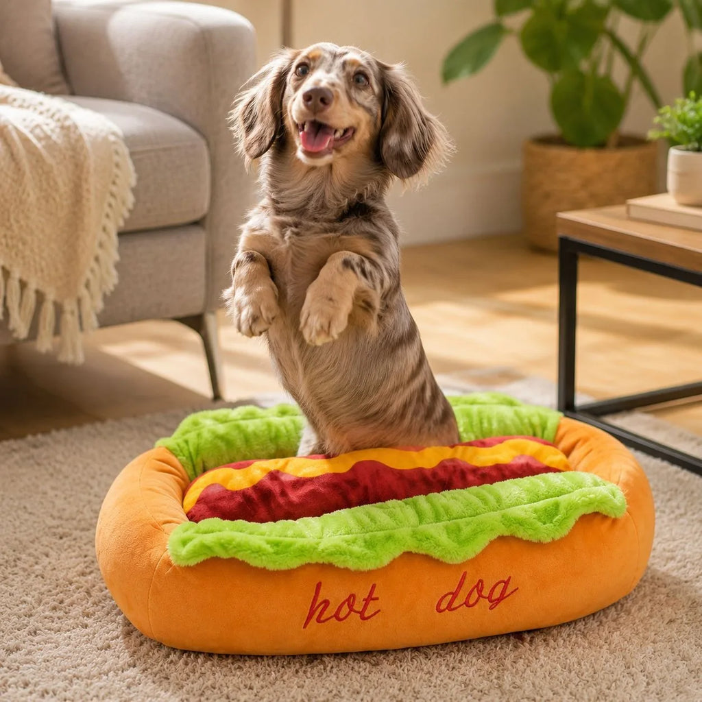 Plush Hot Dog Pet Bed Detachable Pet Nest Warm Soft Sleeping Cushion Cute Cartoon Sausage Design Dog Bed Cat Sofa Pet Accessory
